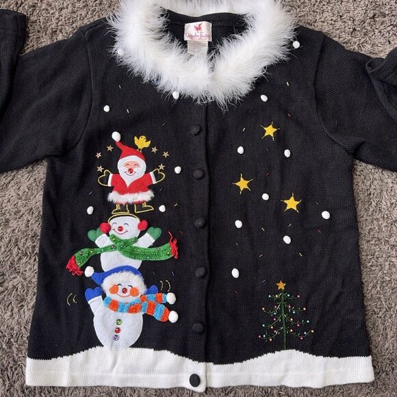 Quacker Factory Christmas Sweater Santa Tree Snowman Fuzzy Collar Beads Cardigan - Picture 1 of 10